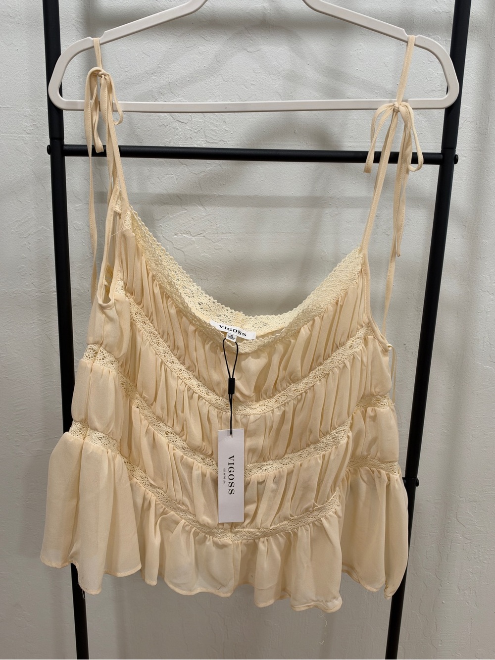 Vigoss Pale Cream Ruffled Tie-Shoulder Camisole